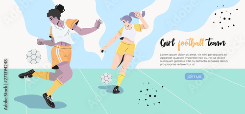 Vector illustration of girls in a professional uniform playing football or soccer on a stadium. Creative banner, poster, flyer or landing page for a women soccer, football club, game or match.