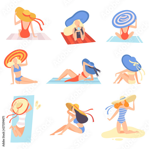 Girls in Swimsuits and Hats Sunbathing on Beach Set, Beautiful Young Woman Enjoying Summer Vacation on Seashore Vector Illustration