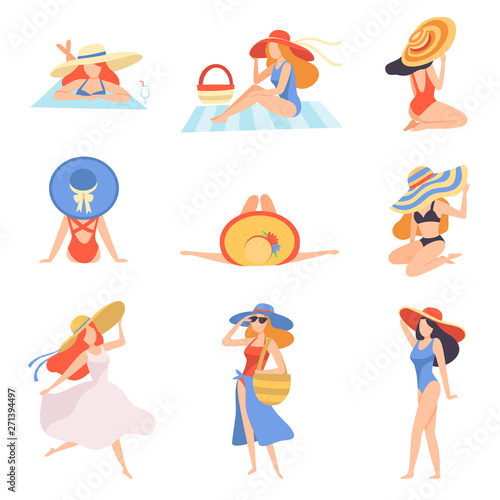 Girls in Swimwear and Hats Sunbathing on Beach, Back View, Beautiful Young Woman Enjoying Summer Vacation on Seashore Vector Illustration