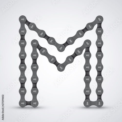 Vector letter M created from realistic bike chain. Alphabet symbol. Isolated on white background. 
