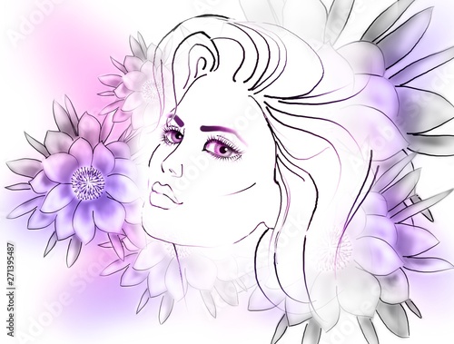 color sketch of a portrait of a beautiful girl on a floral background