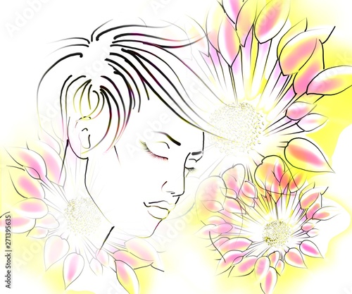 color sketch of a portrait of a beautiful girl on a floral background
