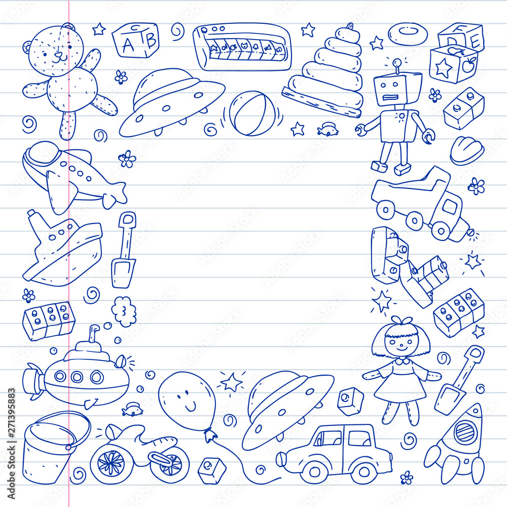 Vector pattern with kindergarten, toy children. Happy children illustration. pen drawing on notebooks in a ruler.