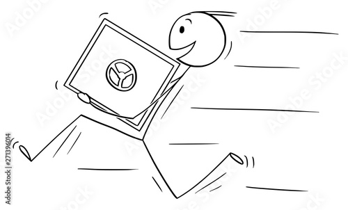 Vector cartoon stick figure drawing conceptual illustration of man or businessman thief smiling and running with bank vault or safe in hands.