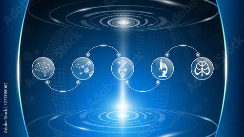abstract background technology concept in blue light,brain and human body heal ,technology modern medical science in future and global international medical with tests analysis clone DNA human