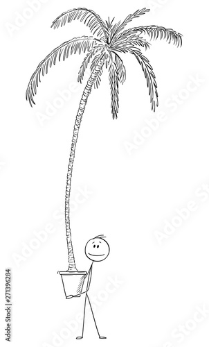 Vector cartoon stick figure drawing conceptual illustration of man holding big pot with high palm tree planted.