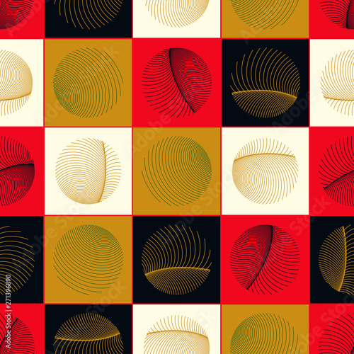 graphic seamless pattern with abstract round feathers in gold red shades
