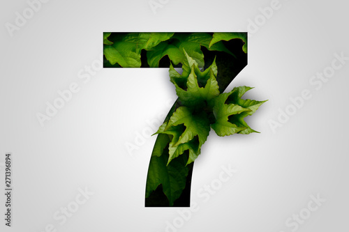 Nature concept. Creative number with green leaves on a gray background. Creative typography, Chapter in the presentation, template. 7 number seven.