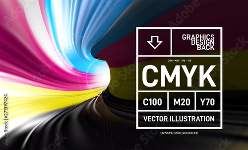 CMYK paint in the form of a 3D spiral pipe. Inside view. Vector illustration