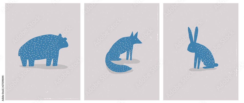 Set of 3 Simple Abstrac Vector Illustration with Hand Drawn Bear, Hare and Fox. Blue Wild Animals Silhouette on a Beige Grunge Background. Scandinavian Style Vector Art for Card, Poster, Printing.