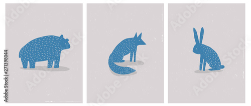 Set of 3 Simple Abstrac Vector Illustration with Hand Drawn Bear, Hare and Fox. Blue Wild Animals Silhouette on a Beige Grunge Background. Scandinavian Style Vector Art for Card, Poster, Printing.