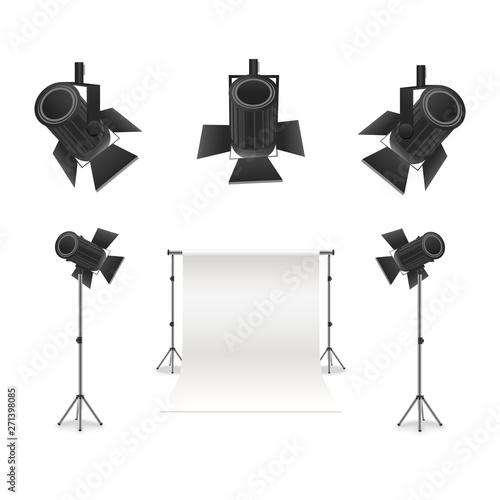 Realistic Detailed 3d Photo Studio and Equipments Set. Vector