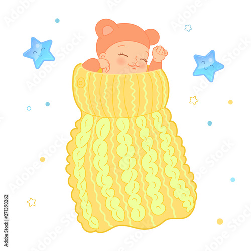 Baby sleeping in a knitted sleeping bag. Realistic cartoon Vector illustration with a newborn baby in cocoon. Pattern with cartoon stars, clouds.