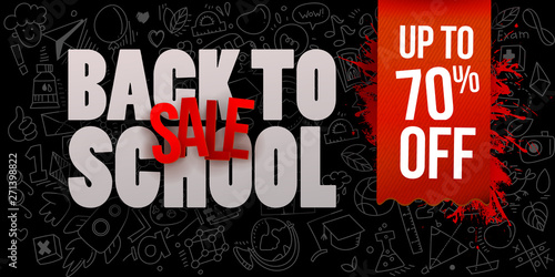 Back to school Sale Horizontal banner with hand drawn Education doodles pattern. Blackboard background. School ideas and symbols. Vector illustration. Discount offer