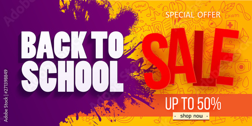 Back to school Sale Horizontal banner with hand drawn Education doodles pattern. Logo on apple and ink splash background. School ideas and symbols background. Vector illustration. Discount offer