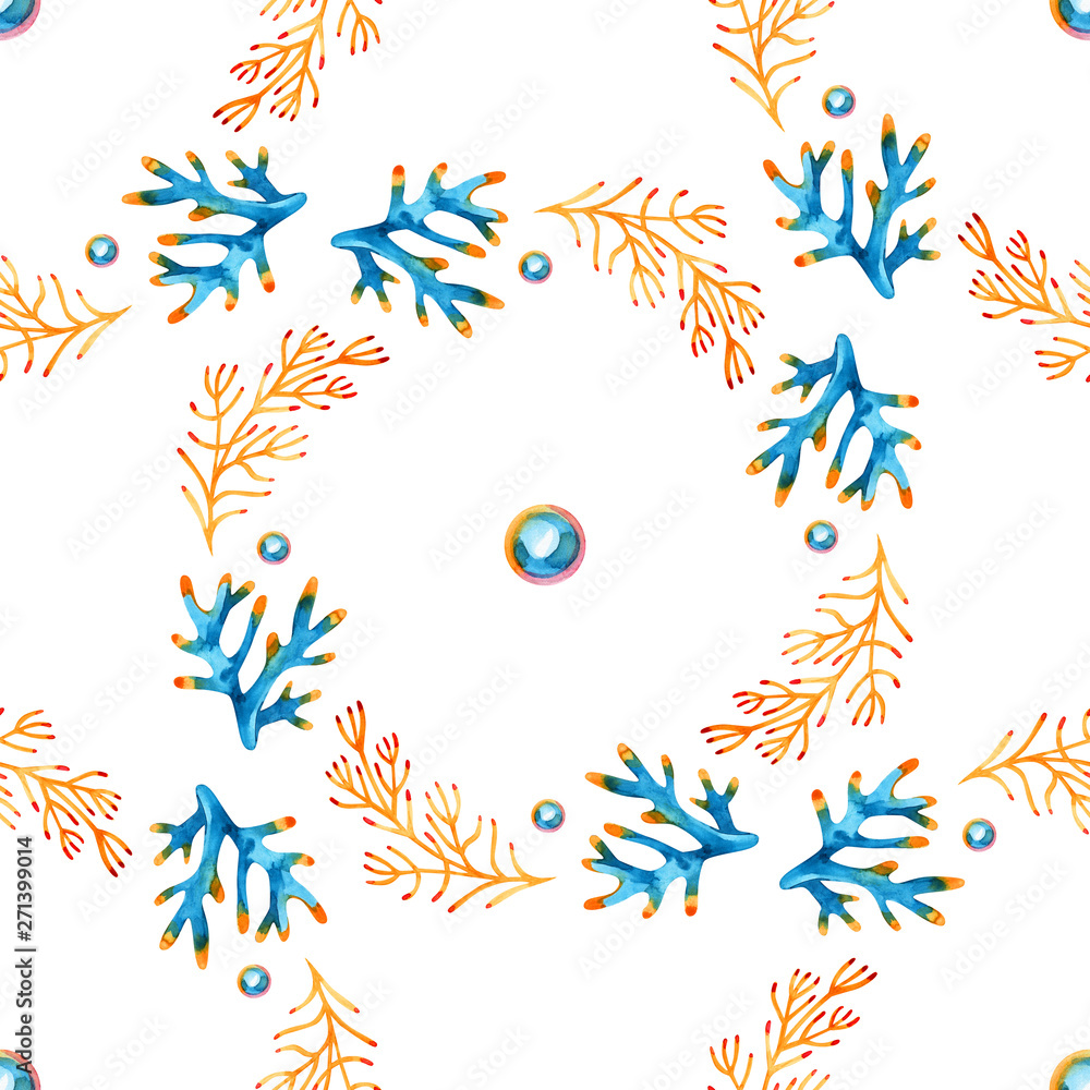 Fototapeta premium High quality watercolor seamless pattern with underwater life objects. It can be used for wallpaper, background, print, textile design, wrapping paper, cover.