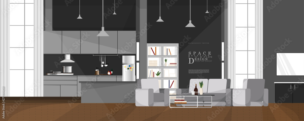Fototapeta Cartoon relaxing living space interior design, family relationship vector element