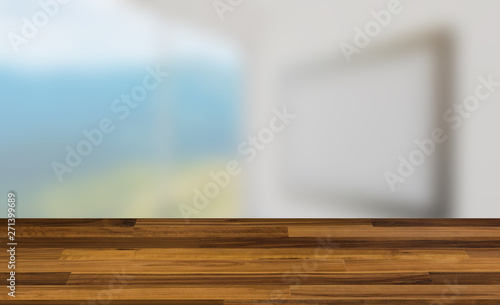Empty interior with large window. Retro light bulb. The floor is of brown parquet.  3D rendering. wooden table. blurred background © COK House