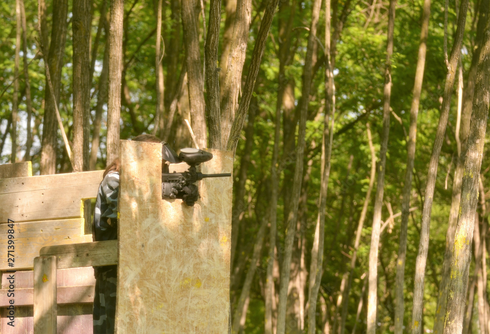 Paintball battle. The battlefield is equipped with turrets Paintball battle. The battlefield is equipped with turrets