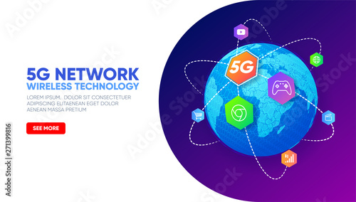 Planet earth with icons around. 5G network wireless technology. Telecommunications communication standard of the new generation. Fifth generation of mobile communication. High-speed mobile Internet.