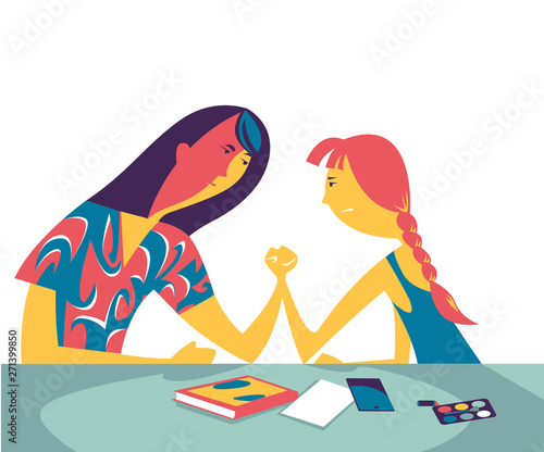 Arm wrestling challenge between mother and daughter, vector illustration