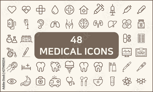 Set of 48 medical and hospital Icons line style.  Contains such Icons as injection, medicine, pill, cure, tablet, intravenous drip, ear, hospitalization And Other Elements. 