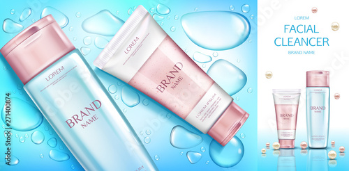 Cosmetic bottles mockup banner, beauty cosmetics product set, line for face care on blue background with aqua drops. Micellar water, scrub tubes packaging. Realistic 3d vector illustration, promo, ad