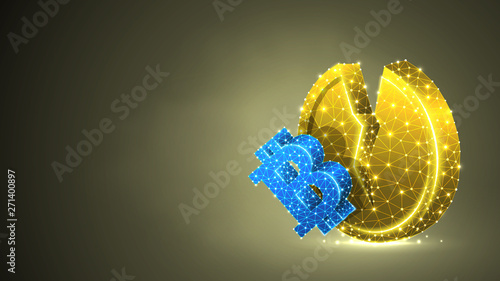 Broken Litecoin cryptocurrency Golden Coin. Polygonal business, money, market crash, circle concept. Abstract, digital, wireframe low poly mesh vector colorful 3d illustration. Triangle line dot