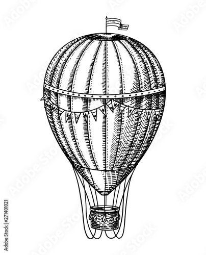 Vintage Hot Air Balloon. Vector retro flying airship with decorative elements. Template transport for Romantic logo. Hand drawn Engraved sketch.