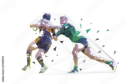 Rugby players, isolated low polygonal vector illustration. Two rugby players