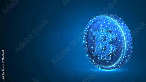 Bitcoin cryptocurrency on a Coin. Polygonal business, money, currency, cash, circle concept. Abstract, digital, wireframe low poly mesh Raster blue neon 3d illustration. Triangle line dot