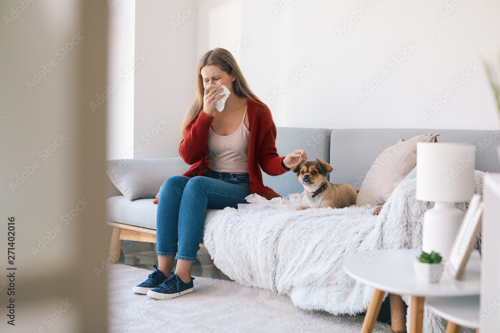 Woman suffering from pet allergy at home Woman suffering from pet allergy at home