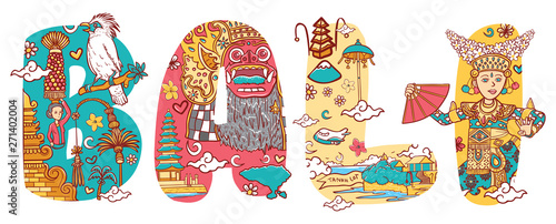 culture of bali indonesia in custom font lettering illustration