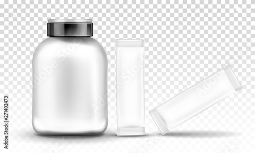 Sport nutrition, supplement container packaging mockup, Plastic or glass jar with cap for whey and pack for protein bars isolated on transparent background. Realistic 3d vector illustration, clip art