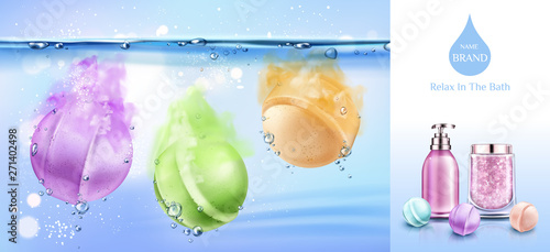 Bath bombs in water, spa cosmetics beauty banner, products for body care, colorful balls fizzing in aqua, soap and salt bottles. Cosmetic advertising poster template. Realistic 3d vector illustration,