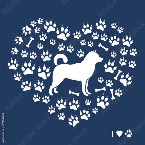 Shiba Inu silhouette on a background of dog tracks and bones in the form of heart.