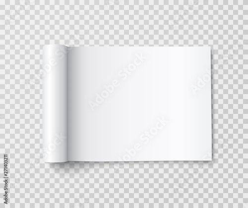 Rolled landscape magazine with white paper pages isolated on transparent background. Vector open blank book, catalog or brochure with folded sheets mockup.