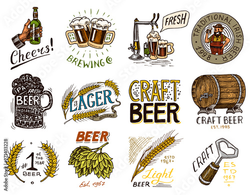 Vintage beer badge. Set of Alcoholic Label with calligraphic elements. Classic American frame for poster banner. Cheers toast. Hand drawn engraved sketch lettering for for web, pub menu.