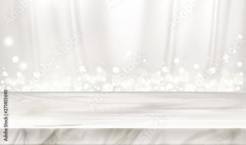 Marble stage or table with white silk curtains background and glowing sparkles. Elegant decorative backdrop with pearly chiffon flowing fabric drapery and soft light. Realistic 3d vector illustration