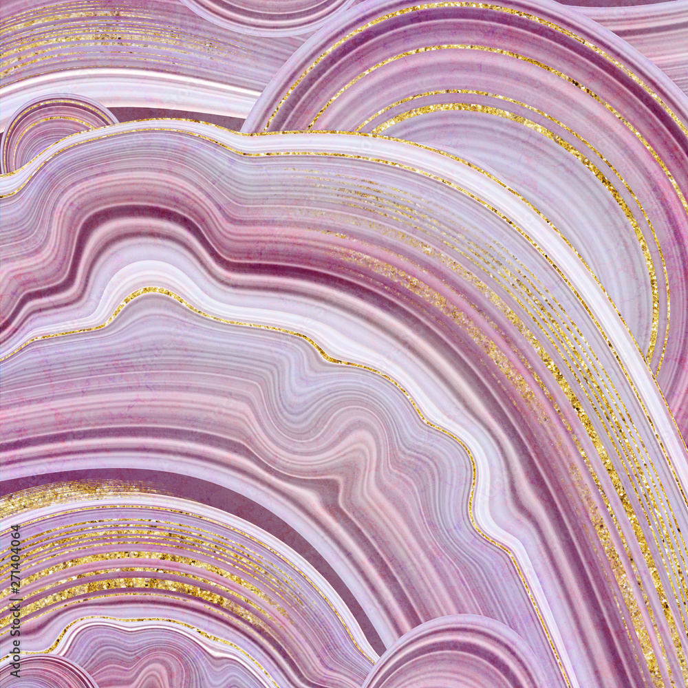 Fototapeta abstract background, fake stone texture, agate with pink and gold veins, painted artificial marbled surface, fashion marbling illustration