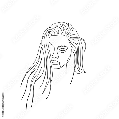 Continuous one line bautiful woman face with long hair. Art