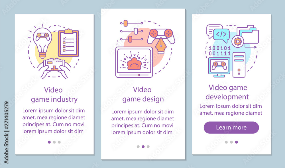 Video game industry onboarding mobile app page screen with linear concepts