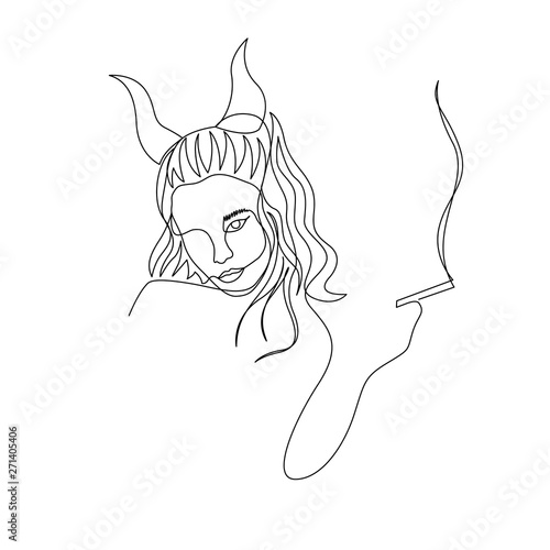 Continuous one line devil woman with horns smoke cigarette. Art