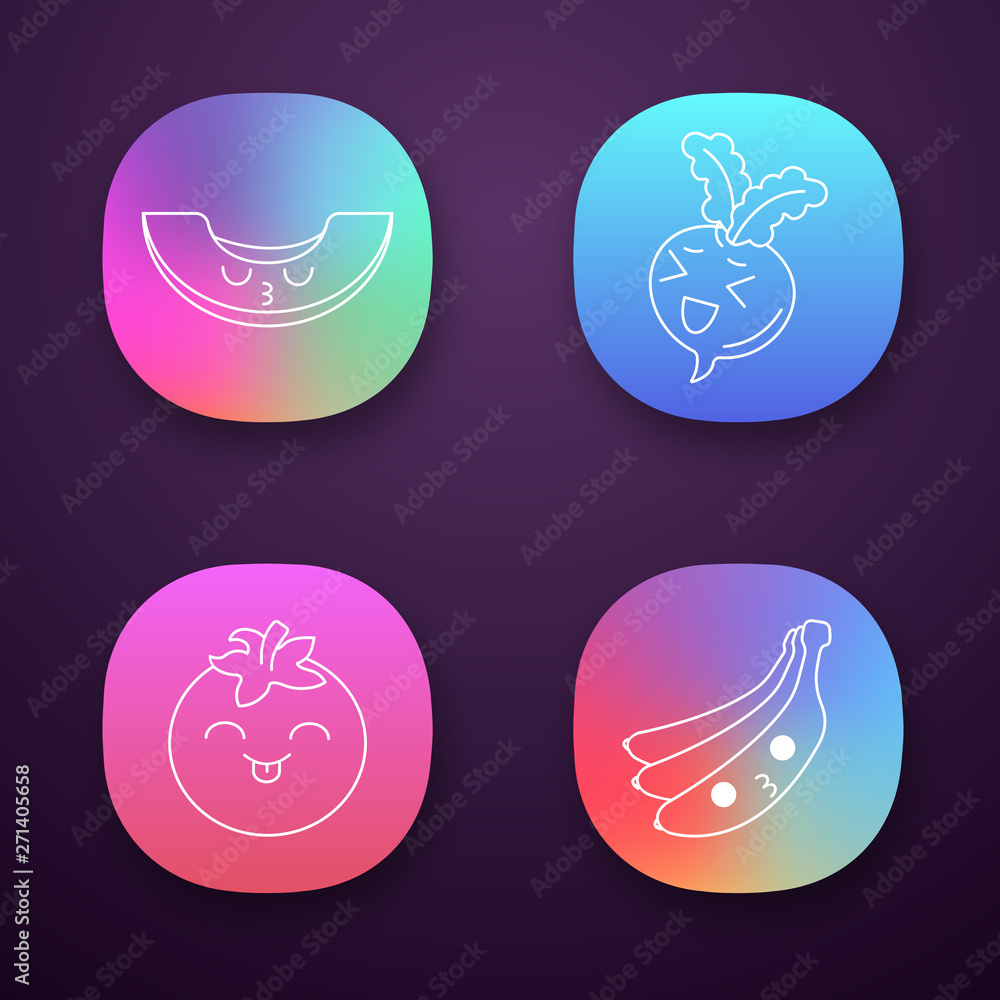Vegetables and fruits cute kawaii app characters set Vegetables and fruits cute kawaii app characters set