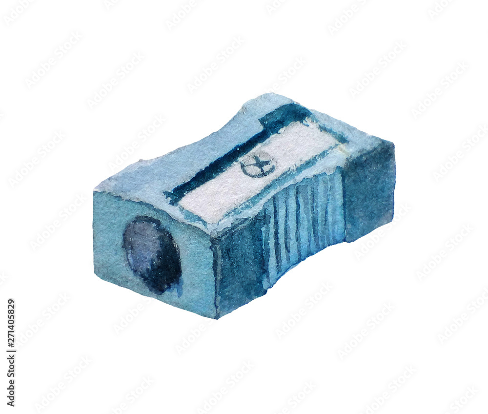pencil sharpener, back to school items on white background. Schol supplies. Hand drawn watercolor illustration. pencil sharpener, back to school items on white background. Schol supplies. Hand drawn watercolor illustration.