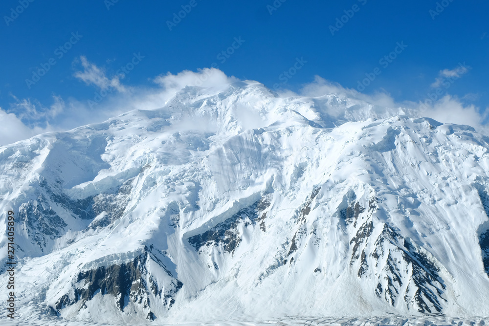 Panoramic view of Mount Everest, Himalayas nepal. Snow flags on the summit
