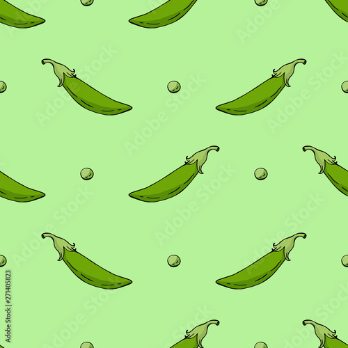 Seamless pattern with green peas on green background. Endless texture with fresh vegetables for your design