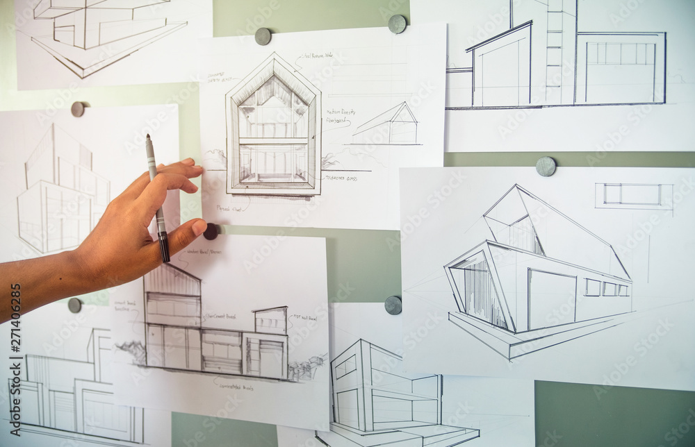 Construction planning drawings on black background Stock Photo | Adobe Stock