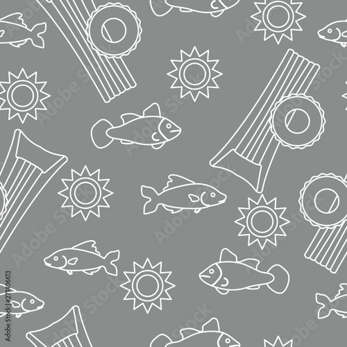 Pattern with fish, sun, inflatable mattress.
