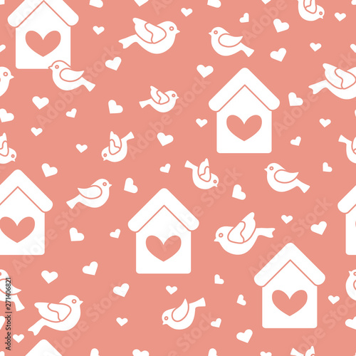 Seamless pattern with birds, birdhouses and hearts